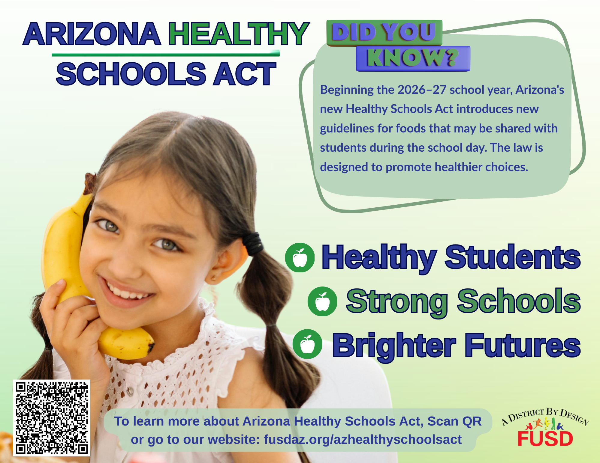 Girl holdin fruit and information about the Arizona Healthy Schools Act